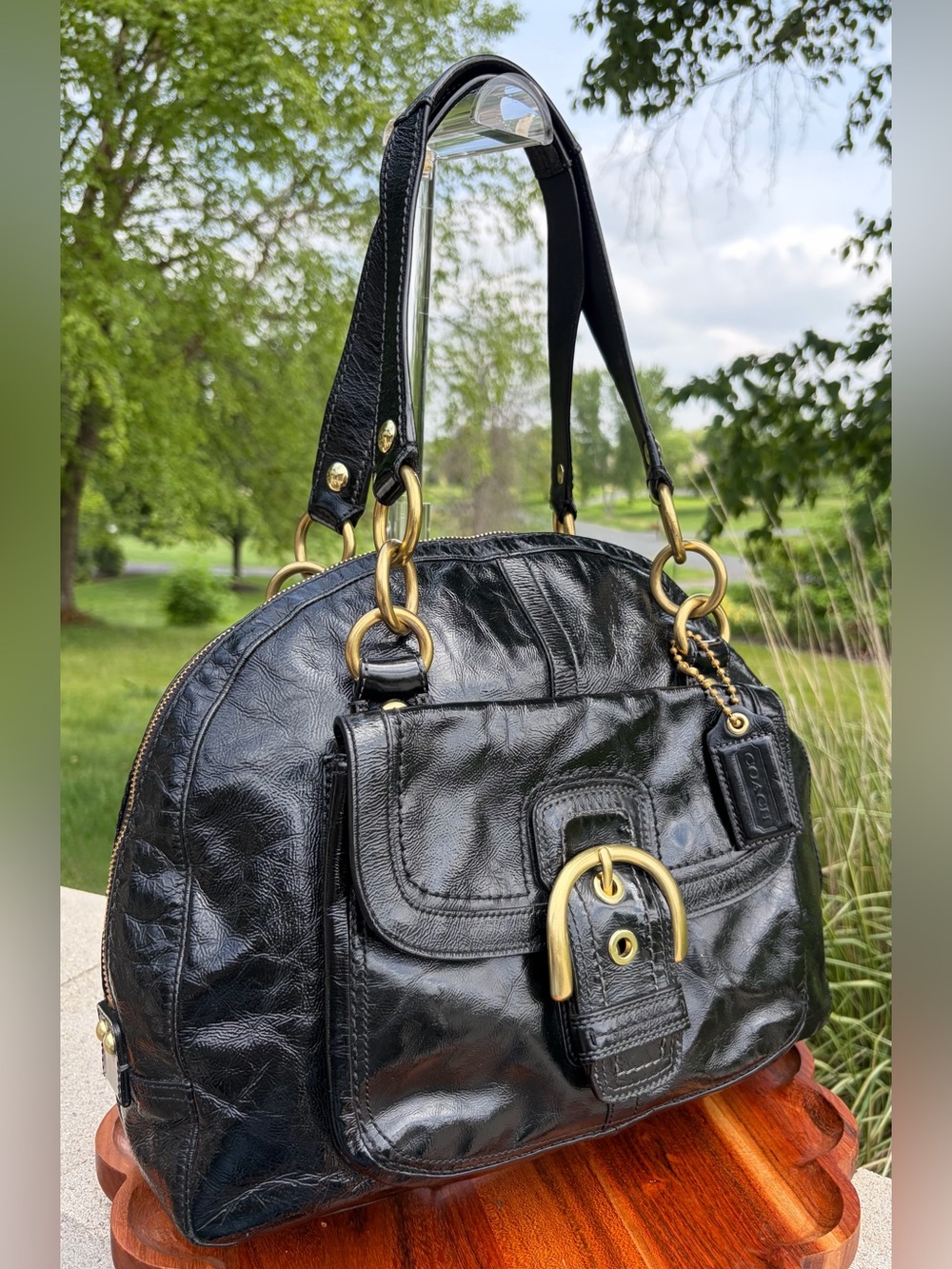 Coach Soho Courtney Domed Satchel Black Crinkled Patent Leather